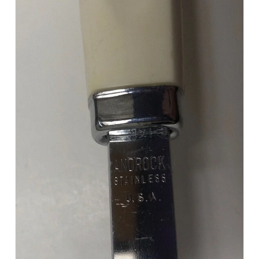 Vtg Androck Stainless Slotted Spatula Turner White Handle USA 14